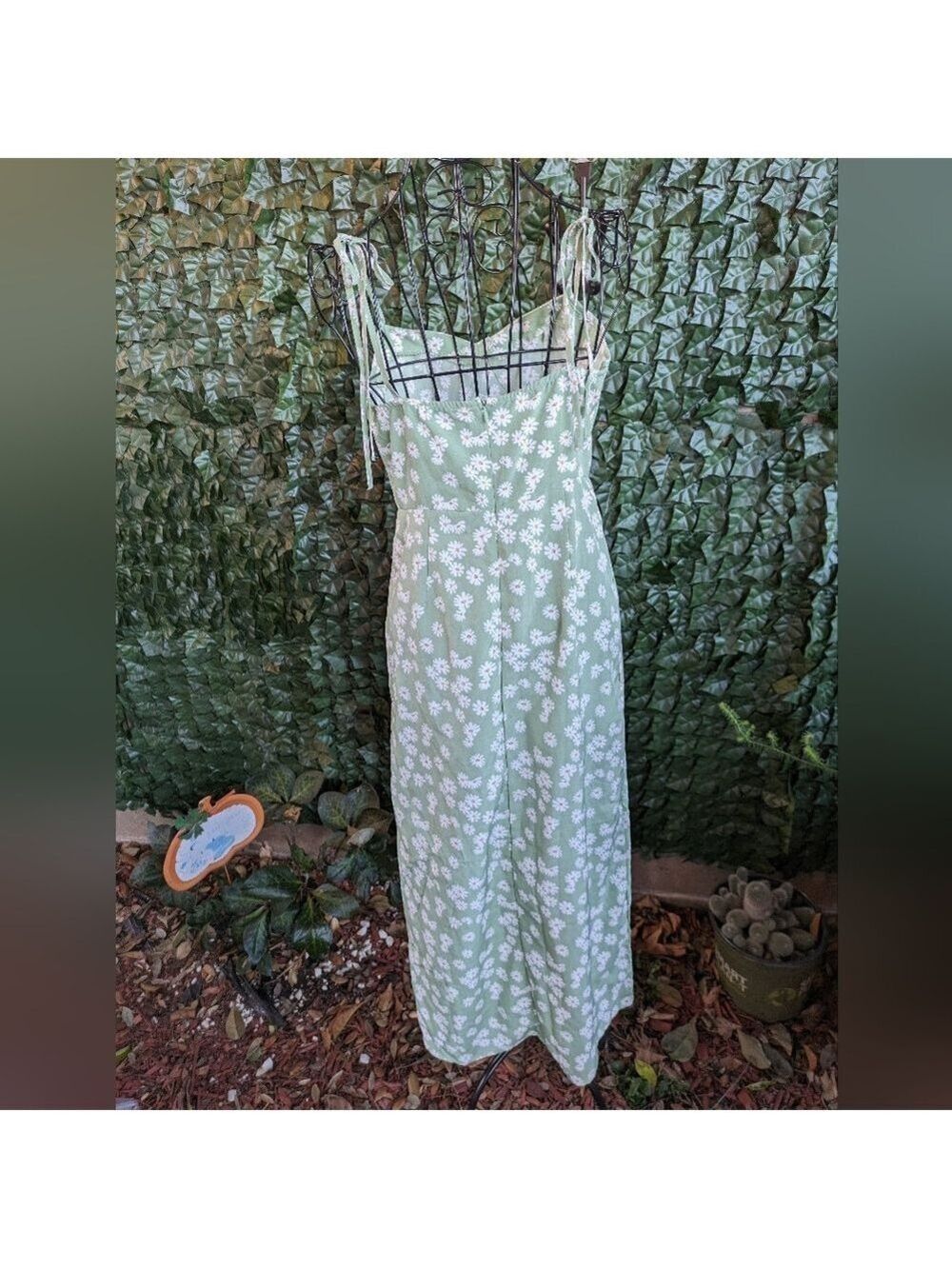 Green Floral Midi Dress Cottagecore Sundress Summer‎ Spaghetti Strap Slit - Picture 4 of 12